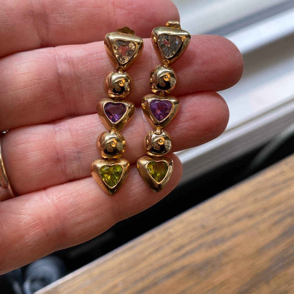 14k gold, gemstone heart dangle earrings